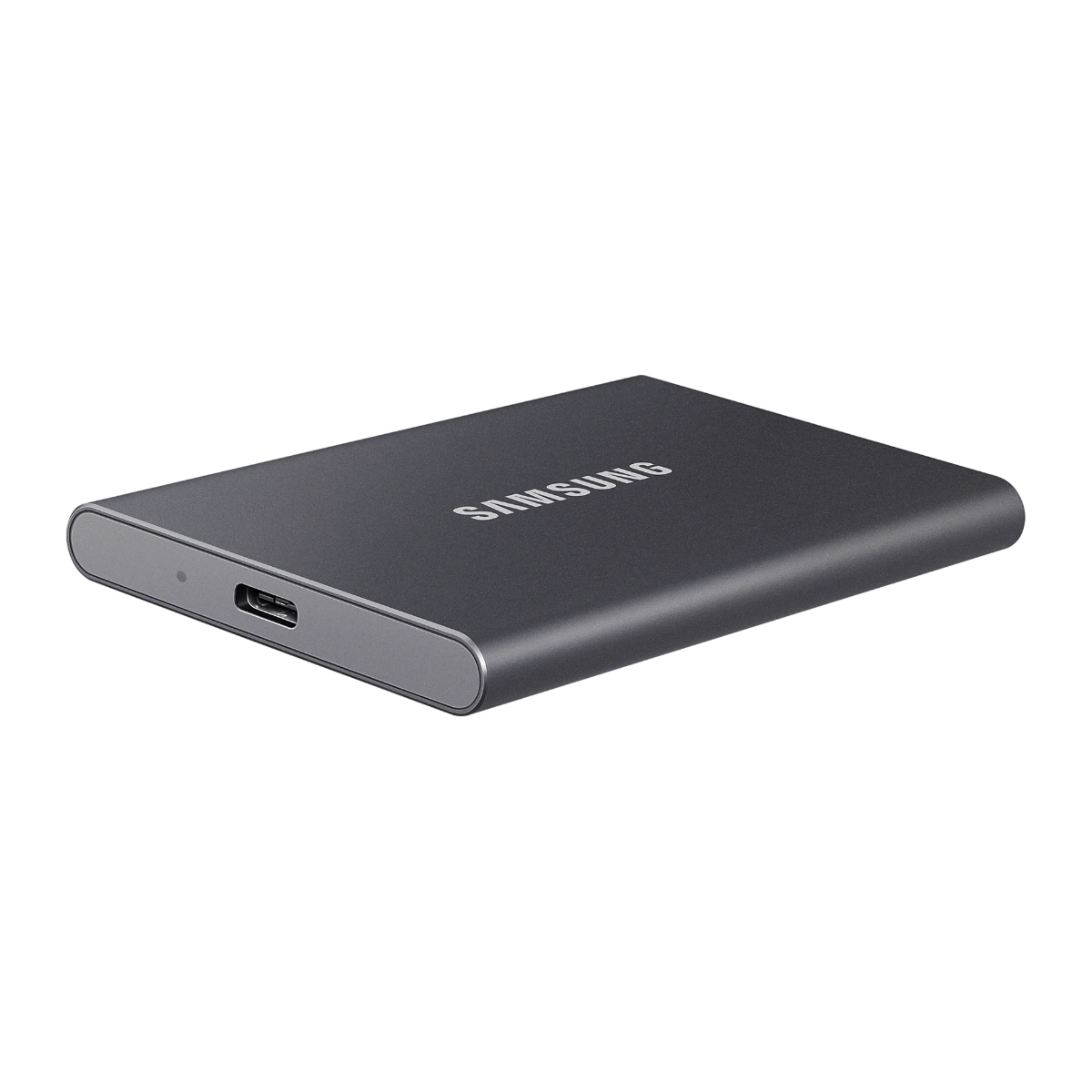 Samsung T7 portable SSD lying flat, USB-C port side