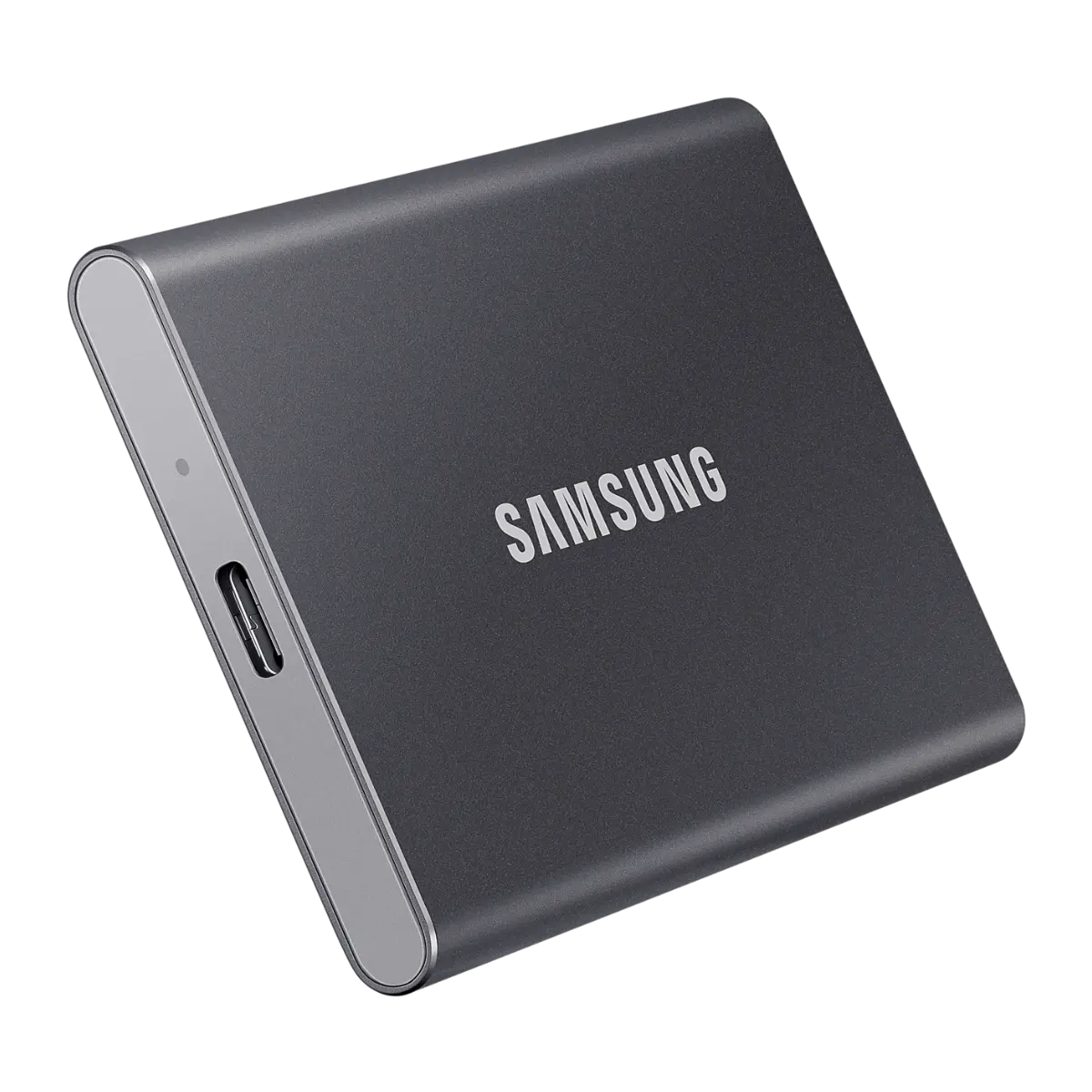Samsung T7 SSD, angled side view of the aluminium body