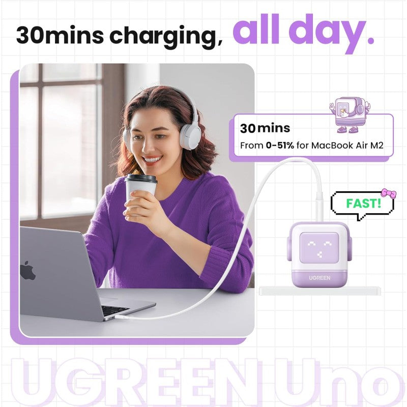 UGreen (35855) UNO 65W GaN Charger – 2-Port USB-C & USB-A - Purple
